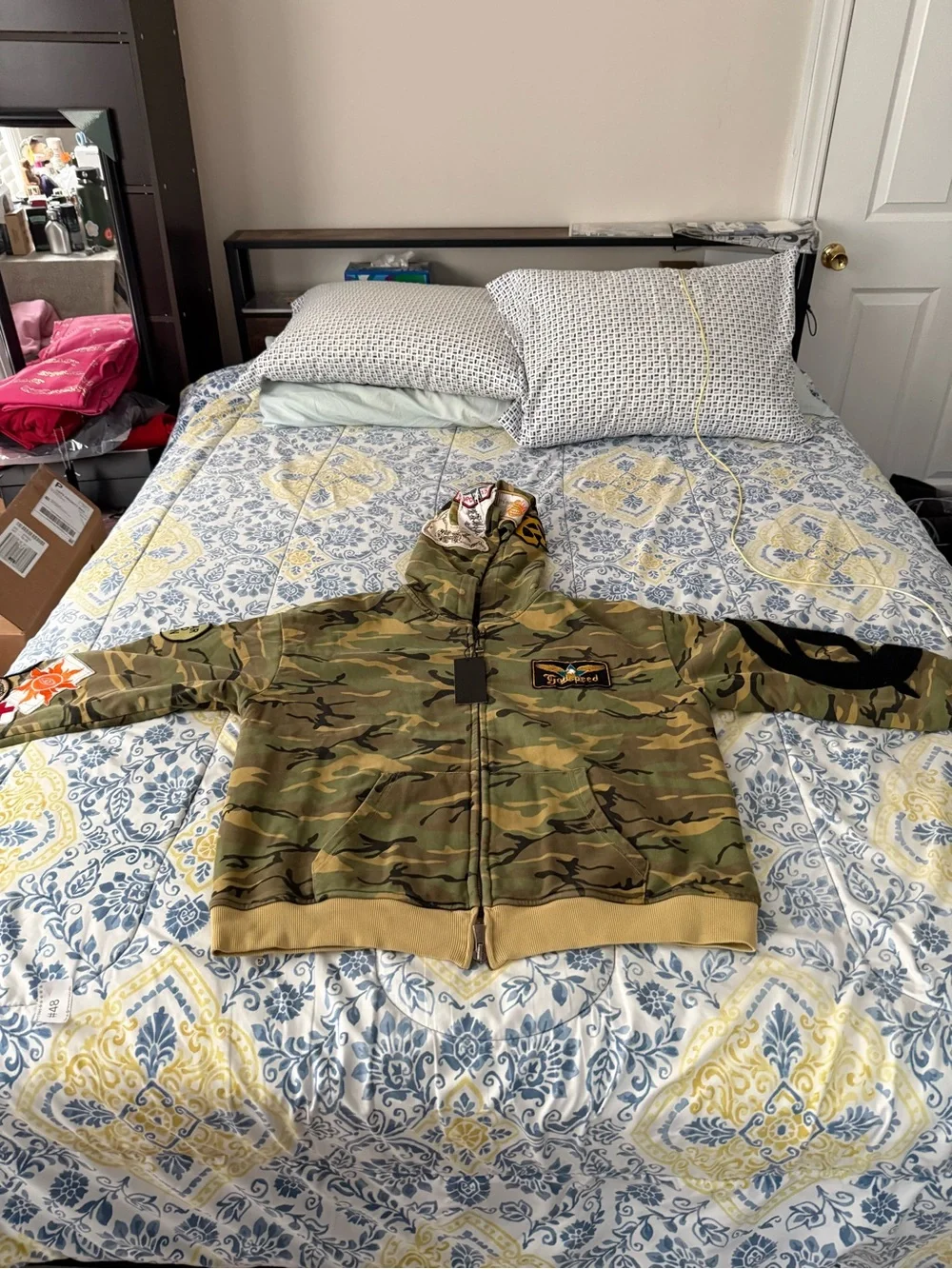 Godspeed Mens Camo Zip-Up Hoodie Jacket with Patch Detail - Green